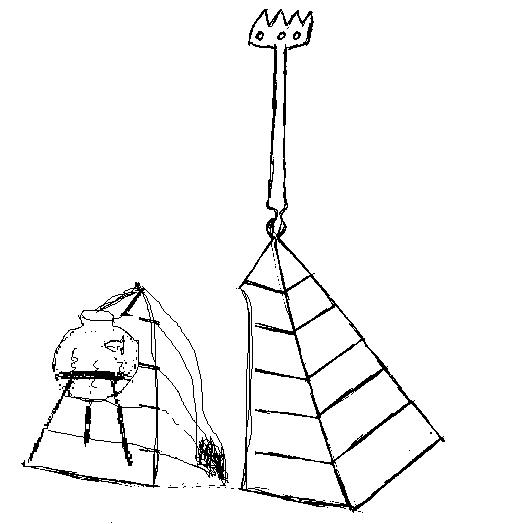A diagram representing the structure of English football after the reorganisation proposed by the Conference<br>as a pyramid with an antenna at the pinnacle.
<br>One corner of the pyramid has had its side replaced by a goldfish bowl on a tripod.
<br>This corner has been detached from the main pyramid to form a mini-pyramid,
<br>but the main pyramid structure is left lop-sided.
<br>At the top of the antenna is a crown.<br>Near the base of the antenna is a bottleneck.